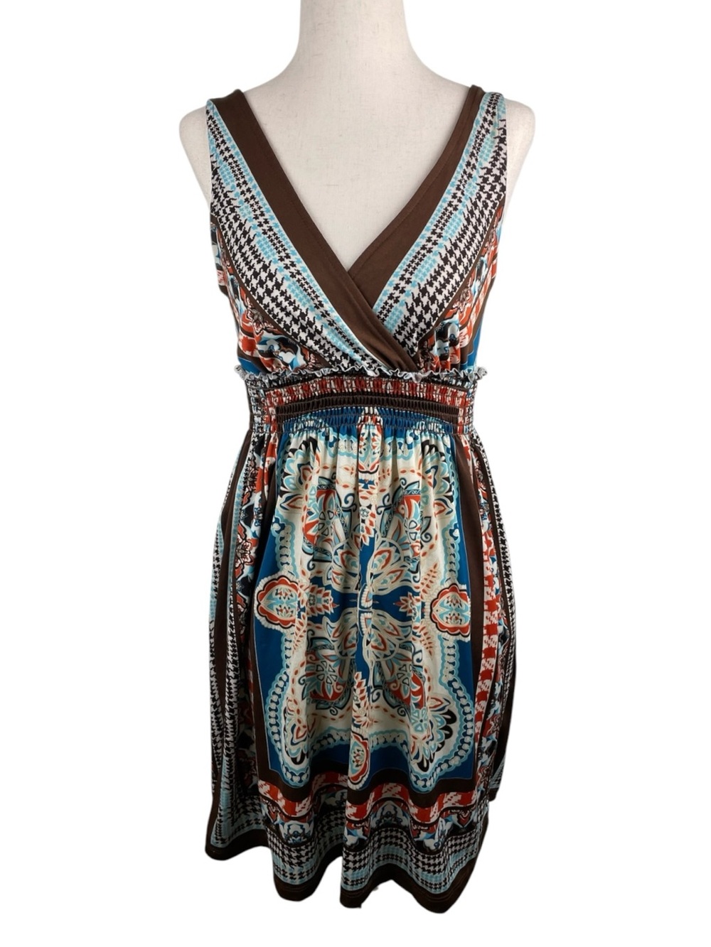 Bailey Blue Y2K Dress Size Small Boho Printed Sleeveless V-neck Mini Smocked